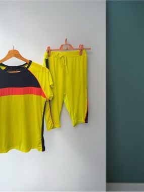 TRUE ROCK Women's Neon Yellow Athletic Shorts Set with Black and Red Accents